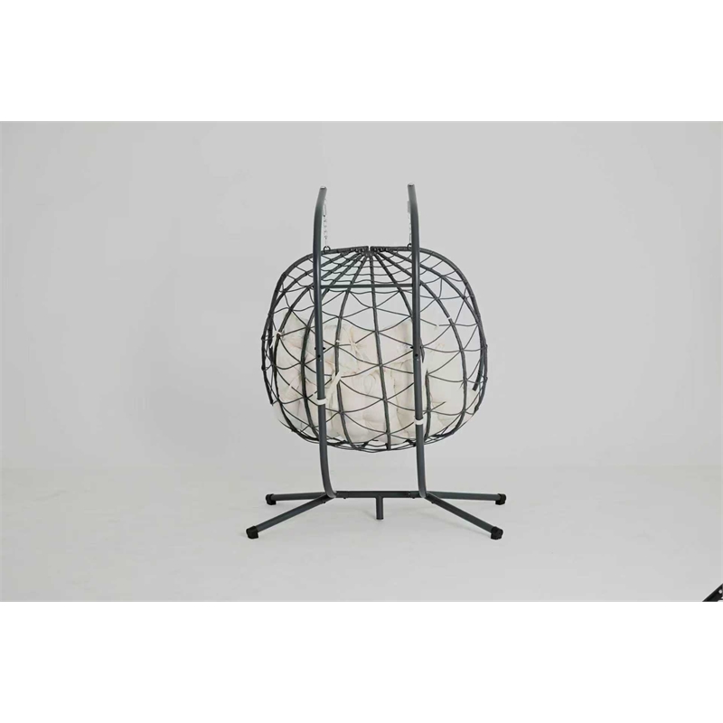 Pemberly Row Beige Steel 2-Person Wicker Hanging Egg Chair with Stand