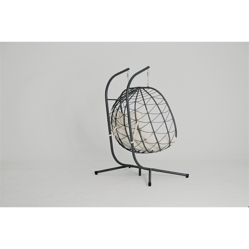 Pemberly Row Beige Steel 2-Person Wicker Hanging Egg Chair with Stand