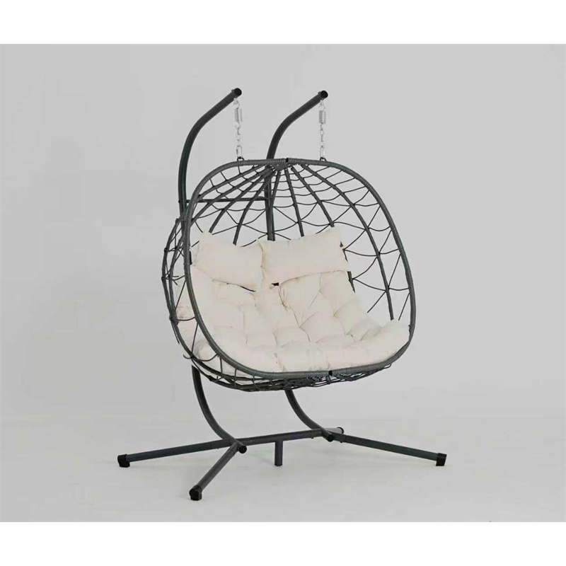 Pemberly Row Beige Steel 2-Person Wicker Hanging Egg Chair with Stand