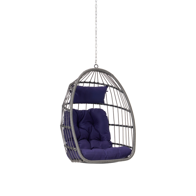 Pemberly Row Blue PE Rattan Egg Swing Chair with Steel Stand 350 lbs