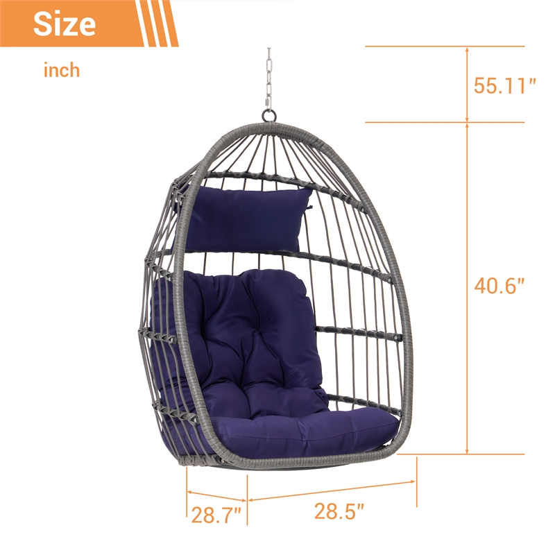 Pemberly Row Blue PE Rattan Egg Swing Chair with Steel Stand 350 lbs