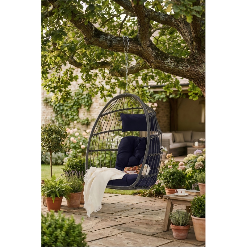 Pemberly Row Blue PE Rattan Egg Swing Chair with Steel Stand 350 lbs