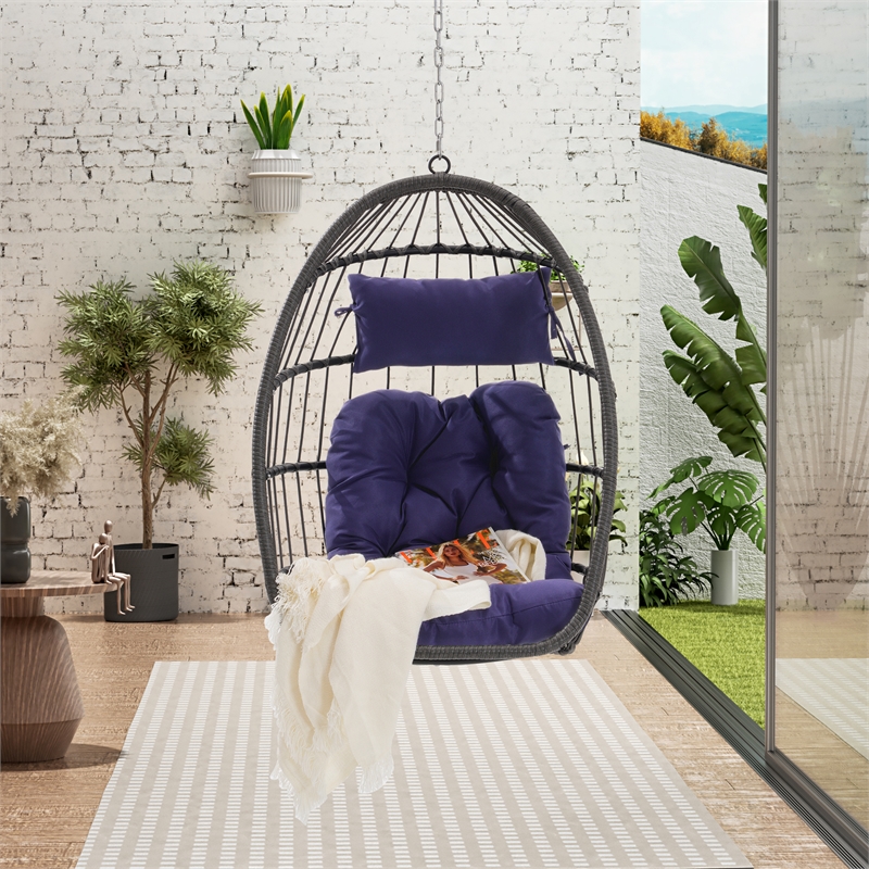 Pemberly Row Blue PE Rattan Egg Swing Chair with Steel Stand 350 lbs