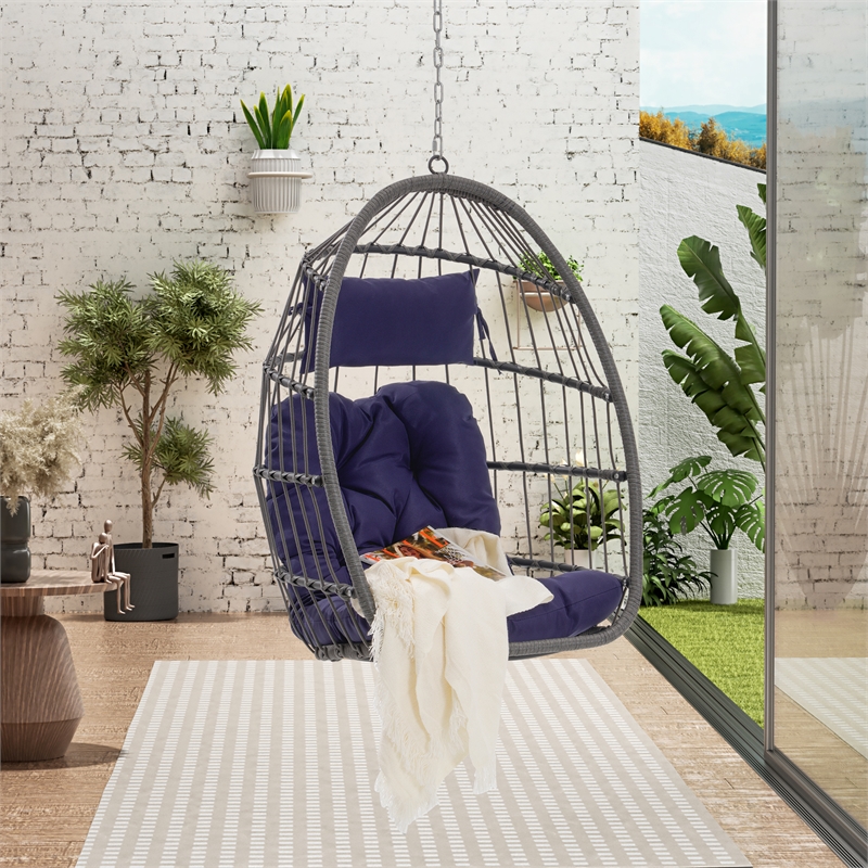 Pemberly Row Blue PE Rattan Egg Swing Chair with Steel Stand 350 lbs