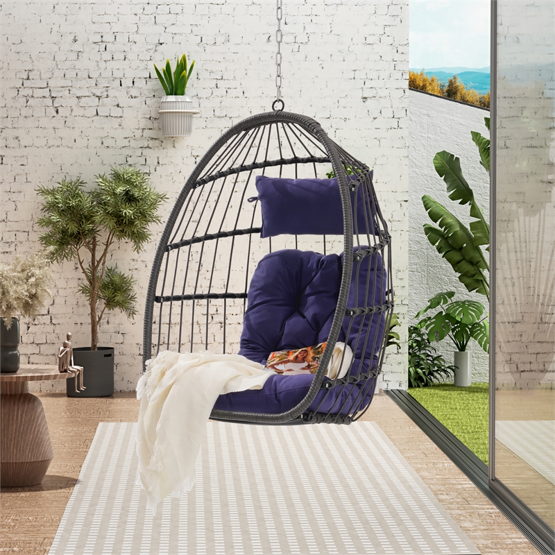 Pemberly Row Blue PE Rattan Egg Swing Chair with Steel Stand 350 lbs