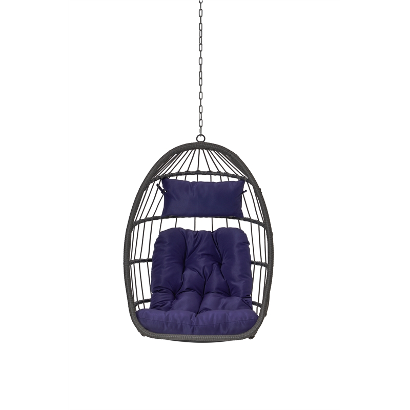 Pemberly Row Blue PE Rattan Egg Swing Chair with Steel Stand 350 lbs