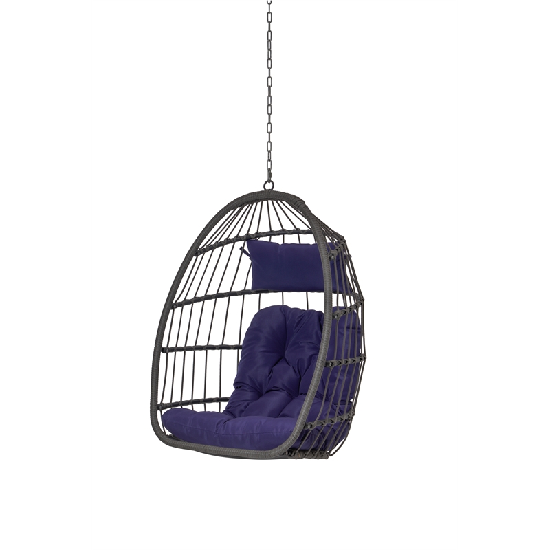 Pemberly Row Blue PE Rattan Egg Swing Chair with Steel Stand 350 lbs