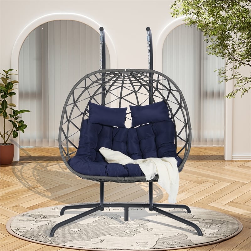 Pemberly Row Blue Rattan Double Hanging Egg Chair with Stand and Cushions