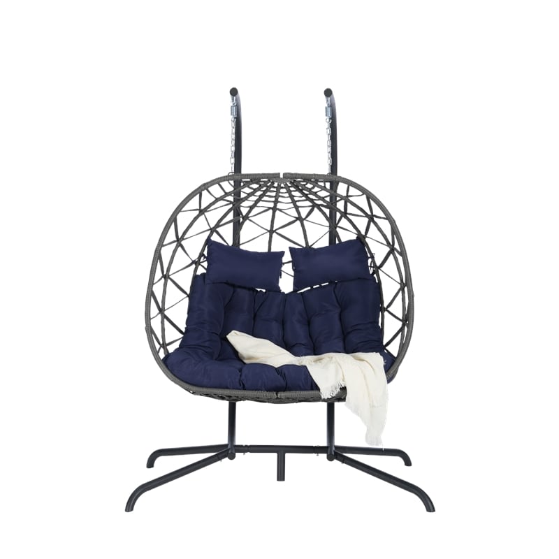 Pemberly Row Blue Rattan Double Hanging Egg Chair with Stand and Cushions