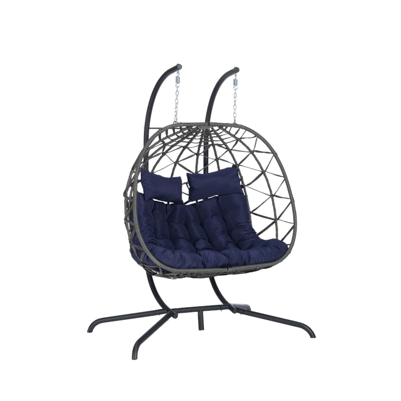 Pemberly Row Blue Rattan Double Hanging Egg Chair with Stand and Cushions