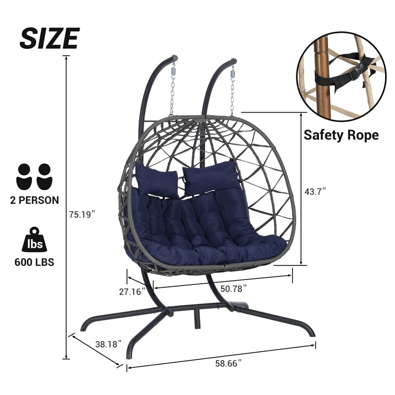 Pemberly Row Blue Rattan Double Hanging Egg Chair with Stand and Cushions