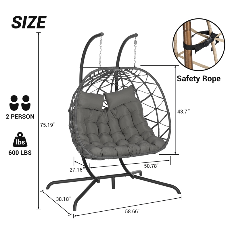 Pemberly Row Gray Rattan Double Egg Chair with Iron Stand 600 lbs Capacity