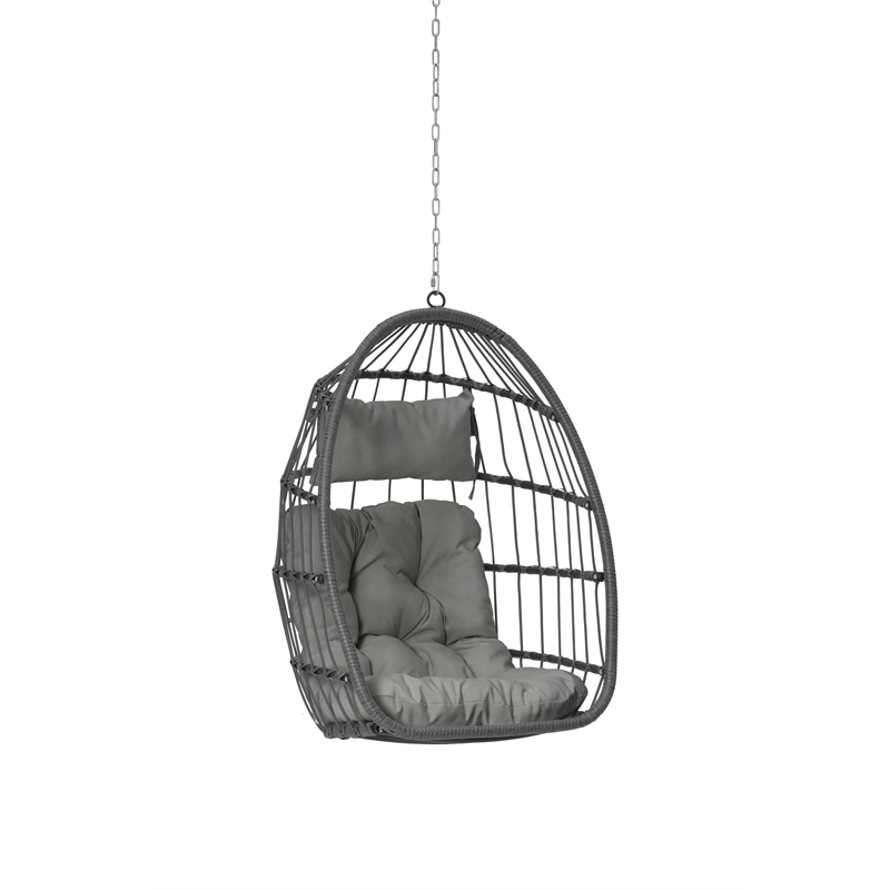 Pemberly Row Gray Rattan Hanging Egg Swing Chair with Steel Stand 350 lbs