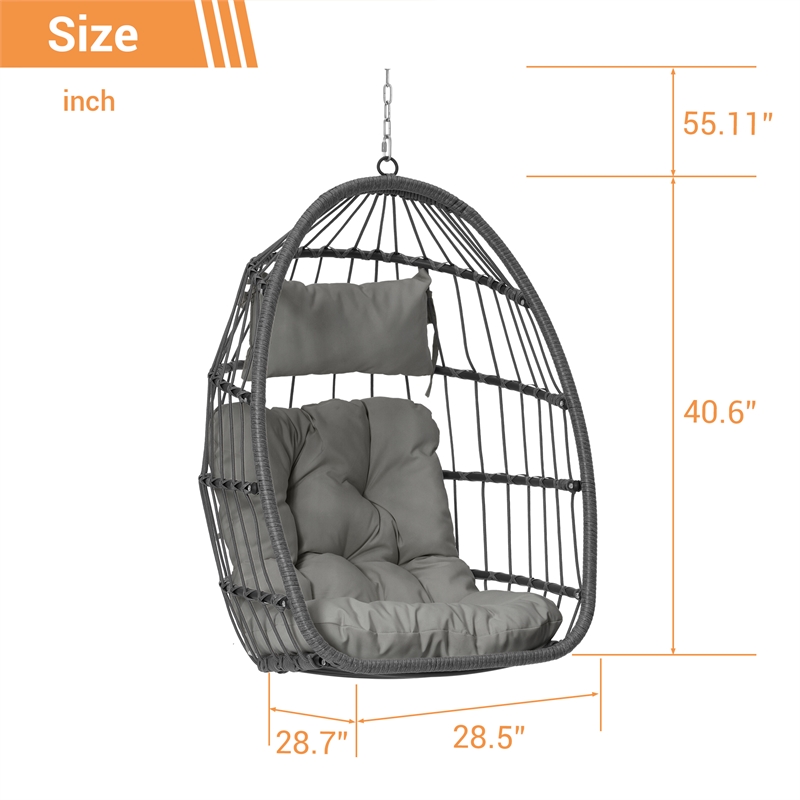 Pemberly Row Gray Rattan Hanging Egg Swing Chair with Steel Stand 350 lbs