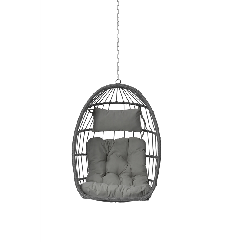 Pemberly Row Gray Rattan Hanging Egg Swing Chair with Steel Stand 350 lbs
