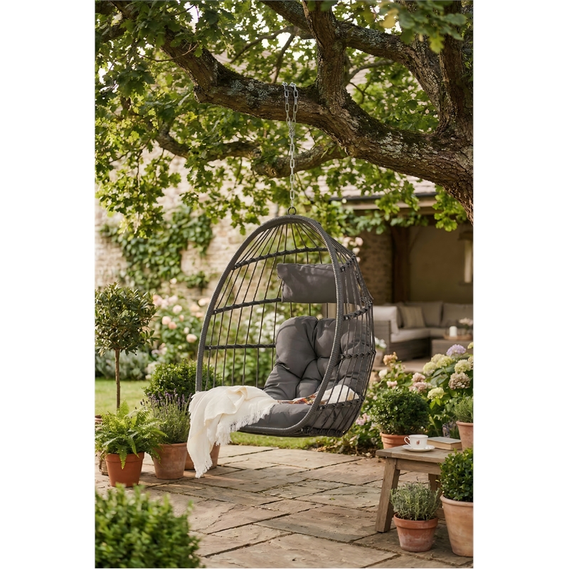 Pemberly Row Gray Rattan Hanging Egg Swing Chair with Steel Stand 350 lbs