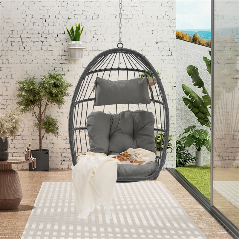 Pemberly Row Gray Rattan Hanging Egg Swing Chair with Steel Stand 350 lbs