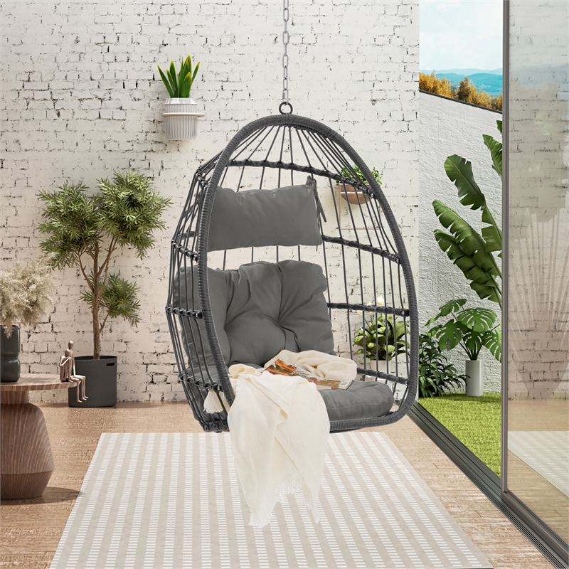 Pemberly Row Gray Rattan Hanging Egg Swing Chair with Steel Stand 350 lbs