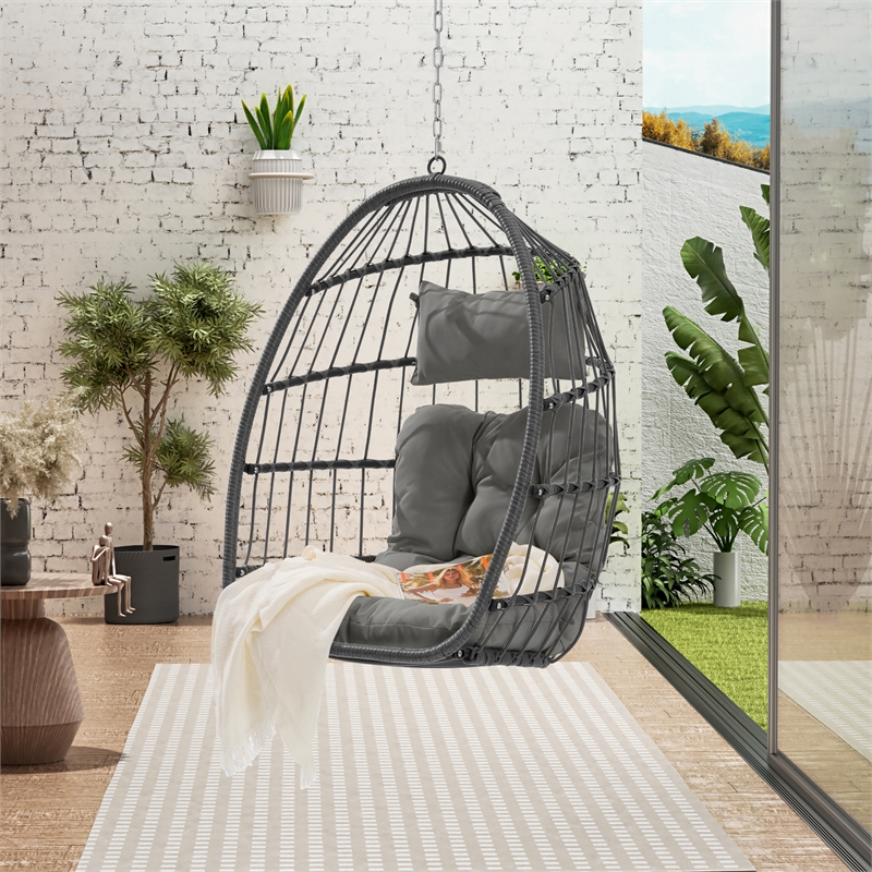 Pemberly Row Gray Rattan Hanging Egg Swing Chair with Steel Stand 350 lbs