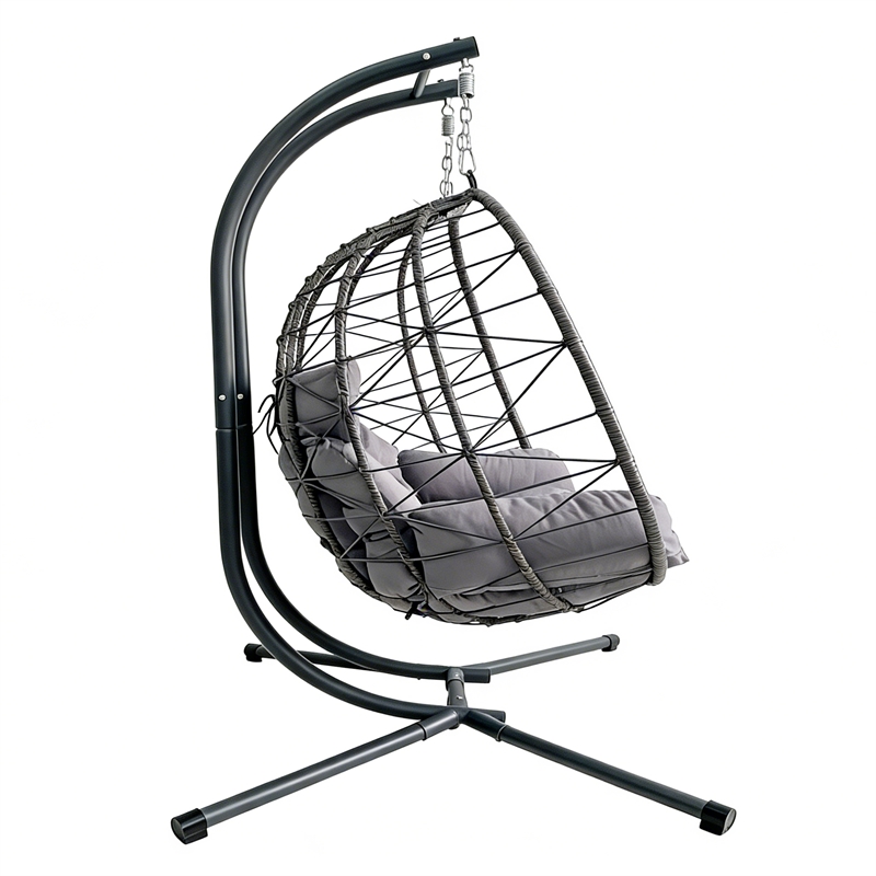 Pemberly Row Gray PE Rattan Double Hanging Egg Chair with Stand and Cushion