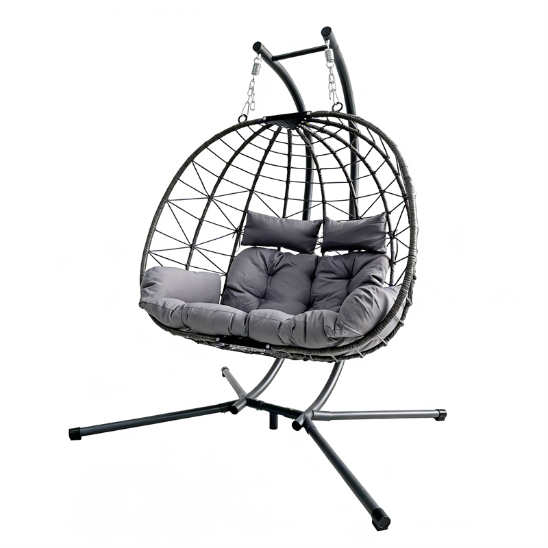 Pemberly Row Gray PE Rattan Double Hanging Egg Chair with Stand and Cushion