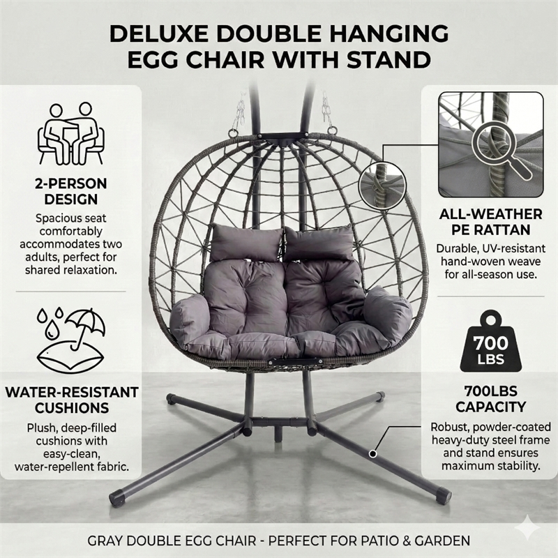 Pemberly Row Gray PE Rattan Double Hanging Egg Chair with Stand and Cushion