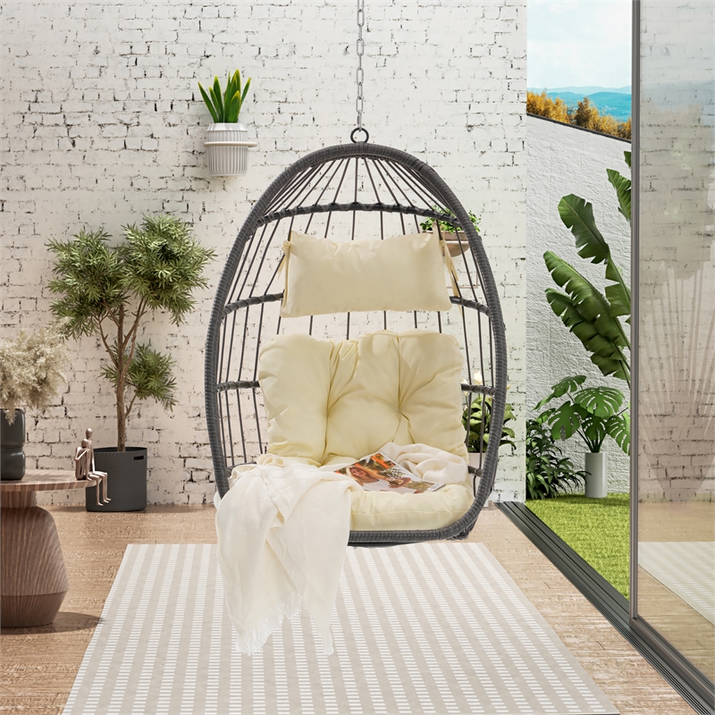 Pemberly Row Gray PE Rattan Hanging Egg Swing Chair with Wood Stand 350 lbs