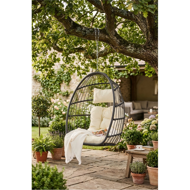 Pemberly Row Gray PE Rattan Hanging Egg Swing Chair with Wood Stand 350 lbs