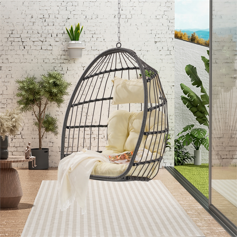 Pemberly Row Gray PE Rattan Hanging Egg Swing Chair with Wood Stand 350 lbs