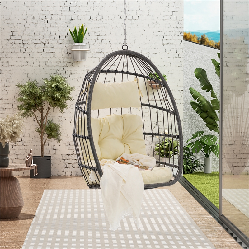 Pemberly Row Gray PE Rattan Hanging Egg Swing Chair with Wood Stand 350 lbs