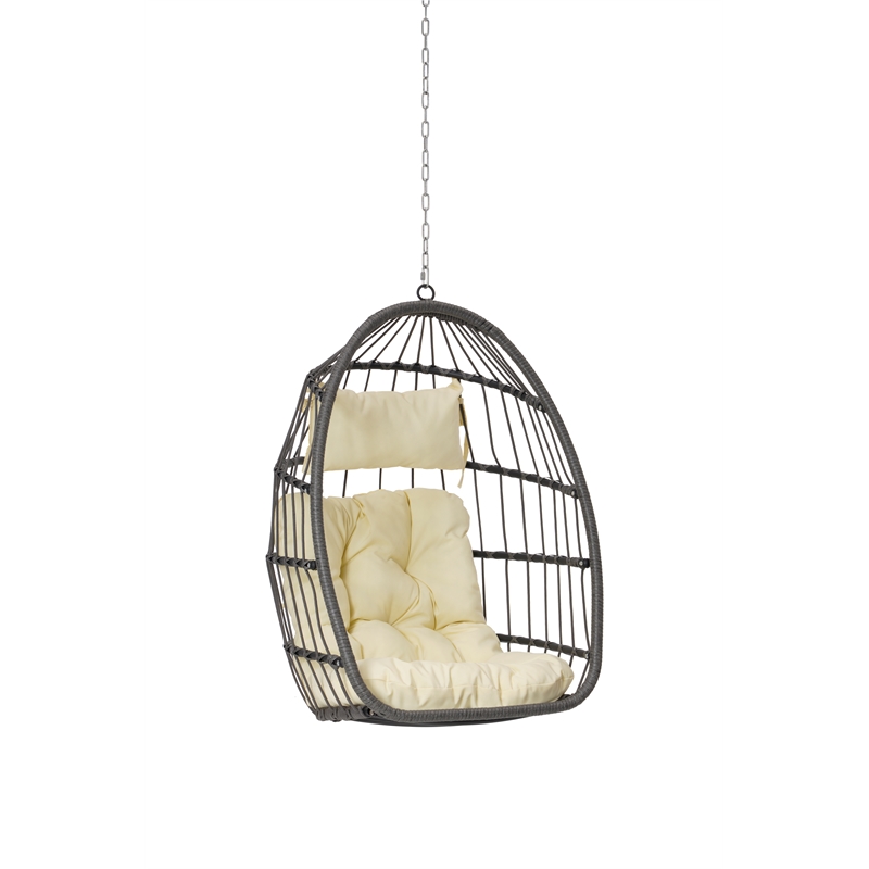 Pemberly Row Gray PE Rattan Hanging Egg Swing Chair with Wood Stand 350 lbs