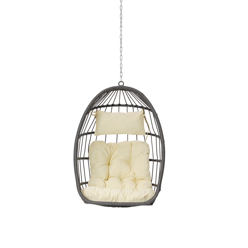 Pemberly Row Gray PE Rattan Hanging Egg Swing Chair with Wood Stand 350 lbs