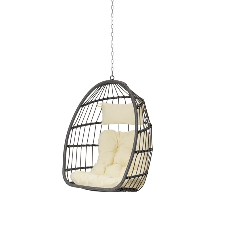 Pemberly Row Gray PE Rattan Hanging Egg Swing Chair with Wood Stand 350 lbs
