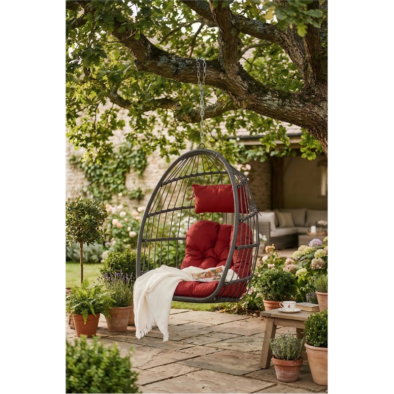 Pemberly Row Red PE Rattan Hanging Egg Swing Chair with Steel Stand 350 lbs
