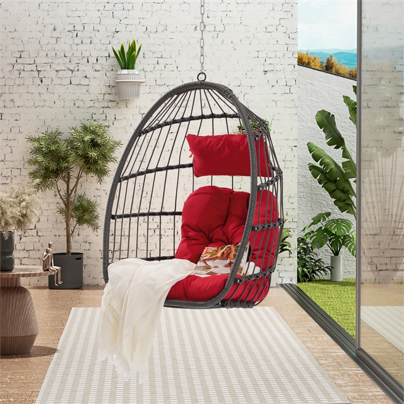 Pemberly Row Red PE Rattan Hanging Egg Swing Chair with Steel Stand 350 lbs