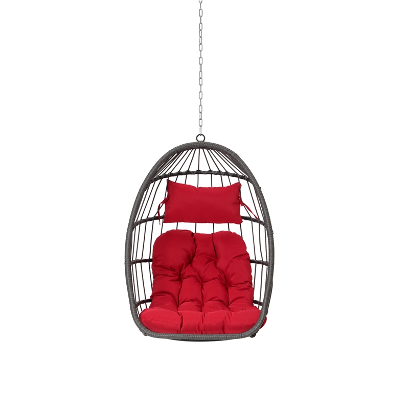 Pemberly Row Red PE Rattan Hanging Egg Swing Chair with Steel Stand 350 lbs