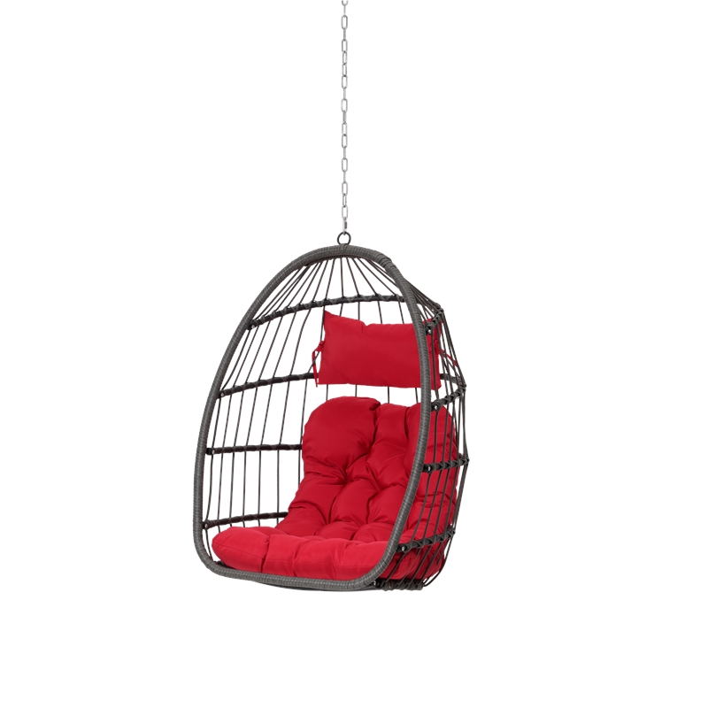 Pemberly Row Red PE Rattan Hanging Egg Swing Chair with Steel Stand 350 lbs