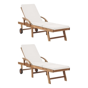 Pemberly Row Solid Teak Wood Sun Lounger with Cushions in Cream (Set of 2)