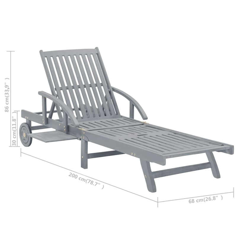 Pemberly Row Solid Acacia Wood Adjustable Sun Lounger with Wheels in Gray