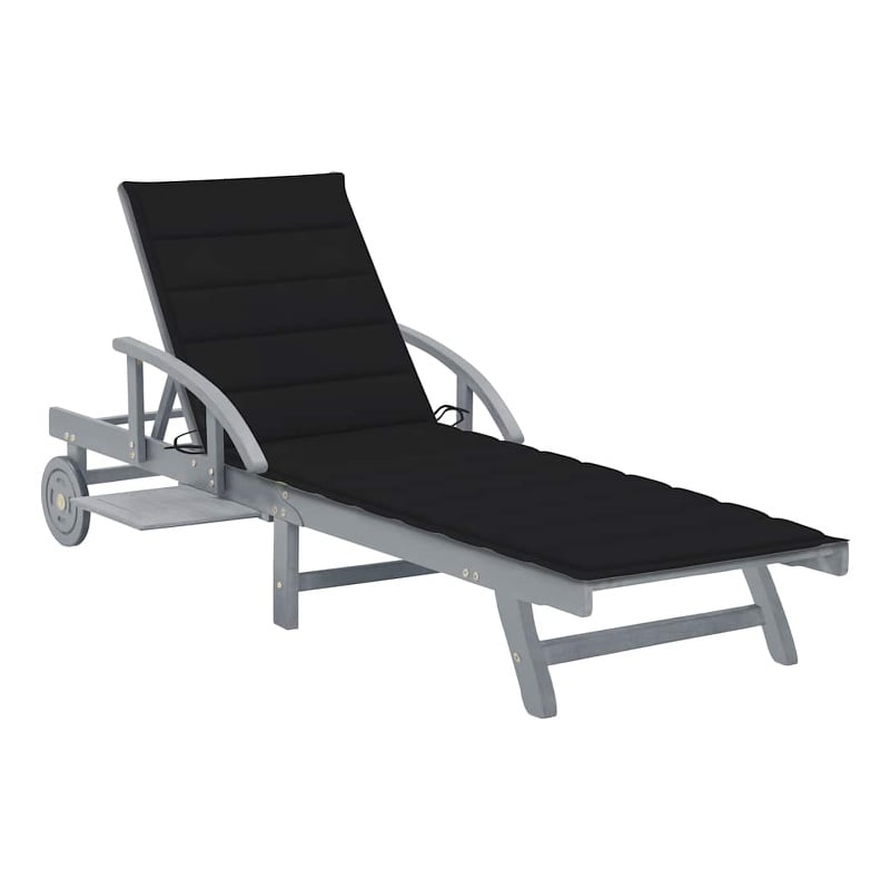 Pemberly Row Solid Acacia Wood Sun Lounger with Pull-Out Table in Gray
