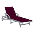 Pemberly Row Solid Acacia Wood Sun Lounger with Wheels in Grey and Wine Red