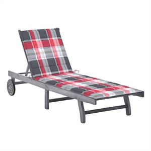 Pemberly Row Solid Acacia Wood Sun Lounger with Cushion in Grey Plaid