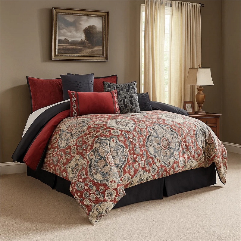 Pemberly Row 9-Piece Queen Comforter Set with Medallion in Red and Blue
