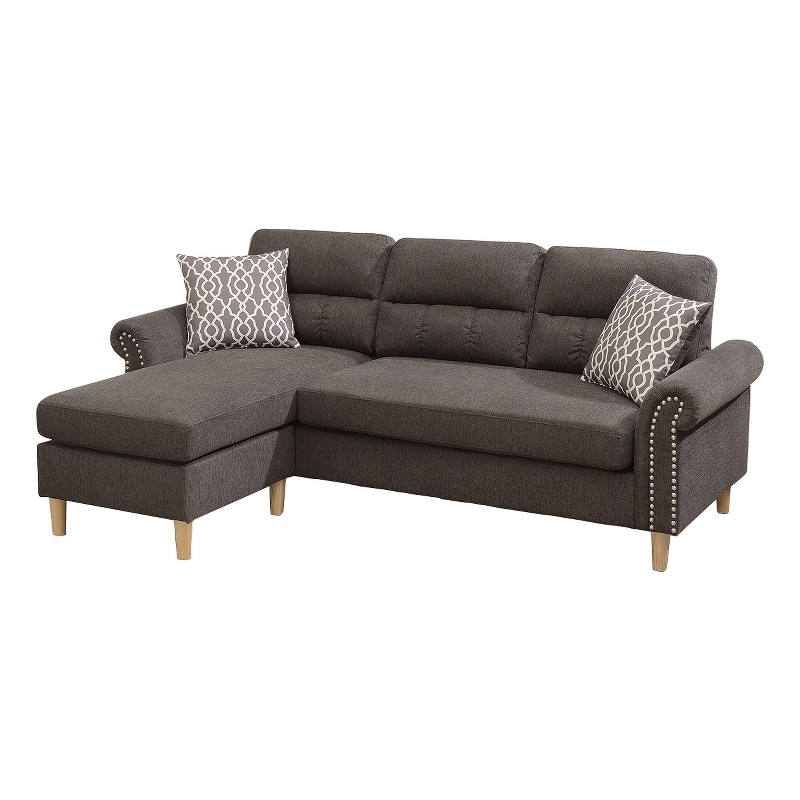 Pemberly Row Velvet Sectional with Tufted Back and Nailhead Trim in Tan