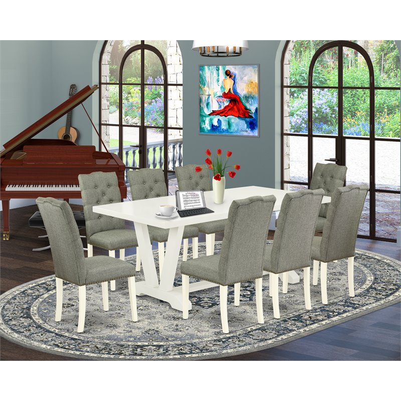 Pemberly Row 9-Piece Dining Set in Linen White/Smoke with Rubber Wood