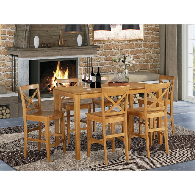Pemberly Row 7-Piece Wood Dining Set with Counter Height Bar Stools in Oak