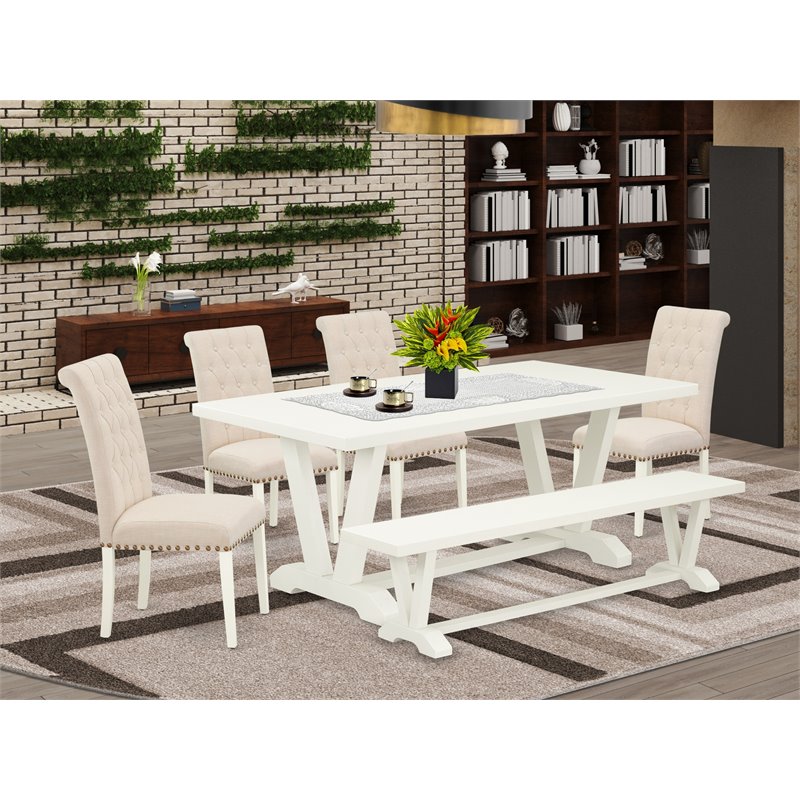 Pemberly Row 6-Pc Wood Dining Set with Linen White Table and Bench