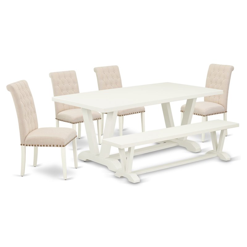 Pemberly Row 6-Pc Wood Dining Set with Linen White Table and Bench