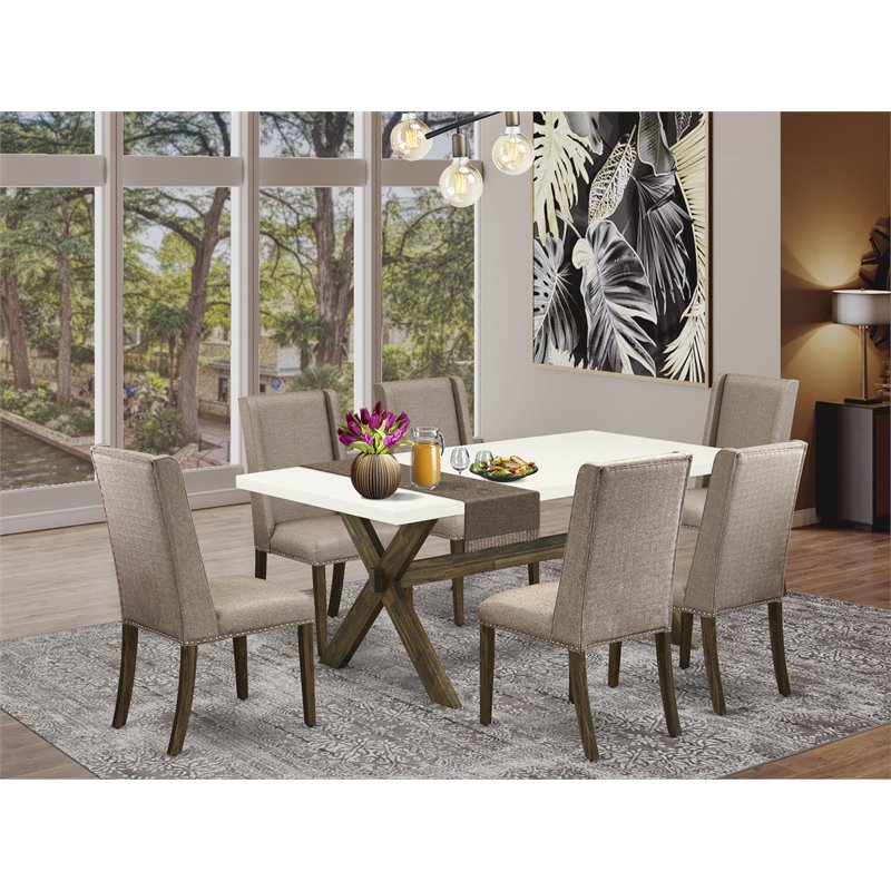 Pemberly Row 7-Pc X-Leg Dining Table Set in Black Finish with Blue Chairs