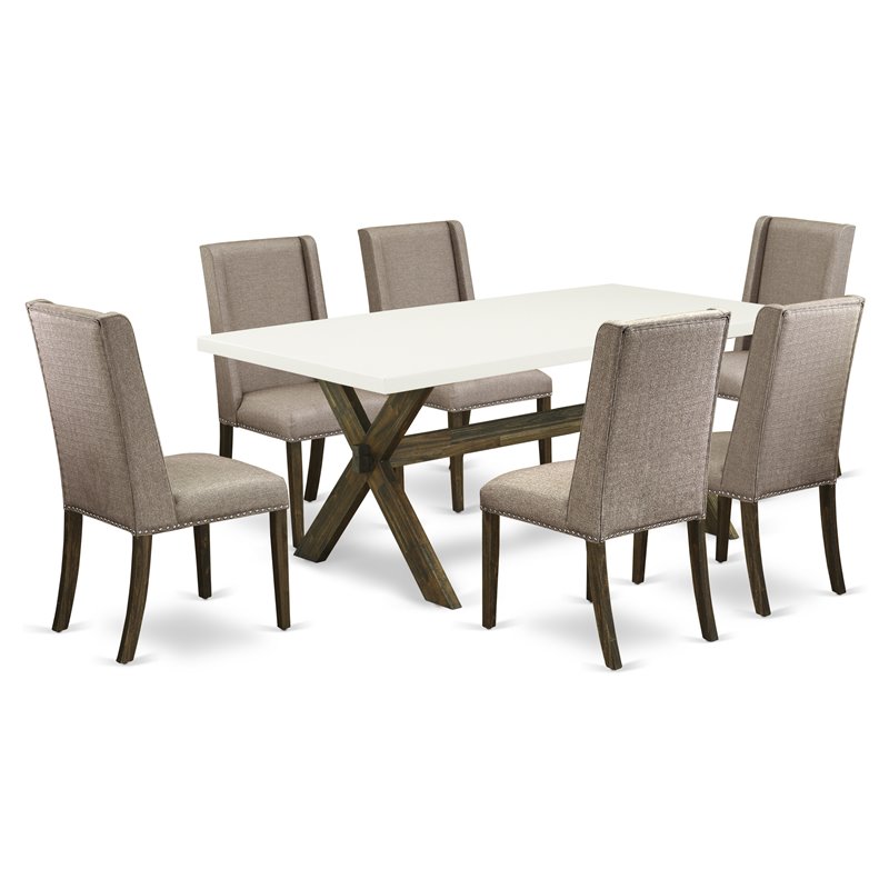 Pemberly Row 7-Pc X-Leg Dining Table Set in Black Finish with Blue Chairs